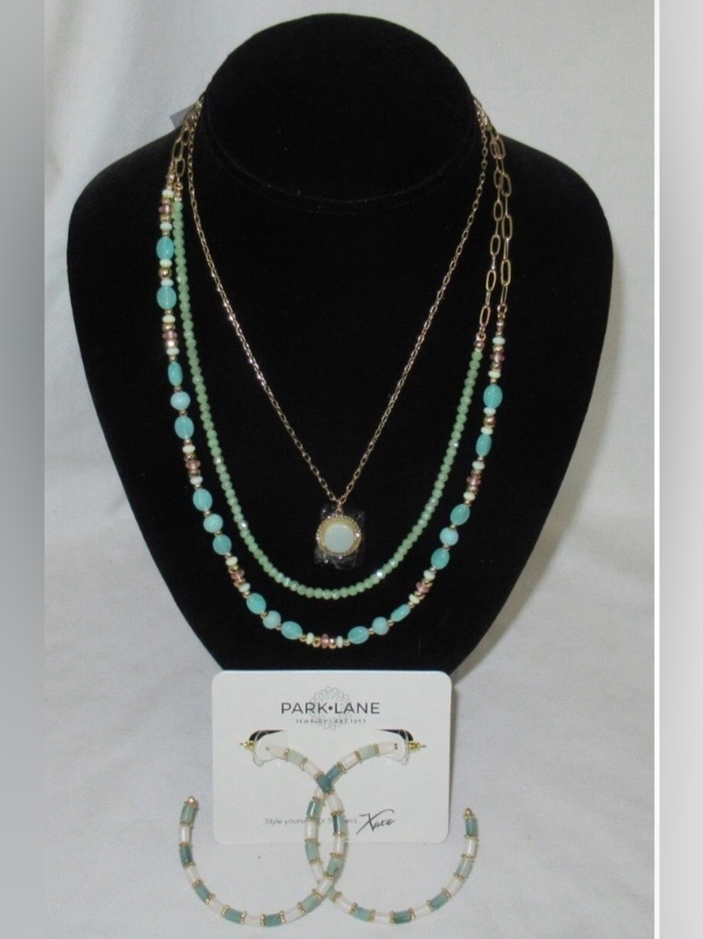 Park Lane Gold-Tone Layered Mint & White Beaded Necklace with Hoop Earrings